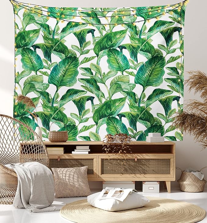 Ambesonne Leaf Tapestry Queen Size, Romantic Holiday Island Hawaiian Banana Trees Watercolored Image, Wall Hanging Bedspread Bed Cover Wall Decor, 88" X 88", Forest Green