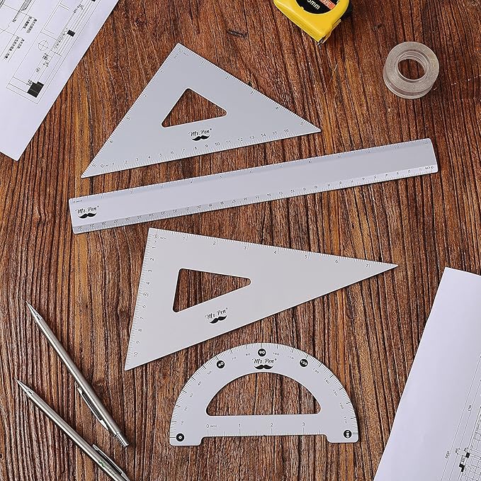 Mr. Pen- Geometry Set, 4 Pack, Periwinkle Gray, Metal Geometry Kit, Triangle Ruler, Metal Ruler, Drafting Triangles, Metal Protractor, Metal Set Square, Drafting Ruler, Drafting Set