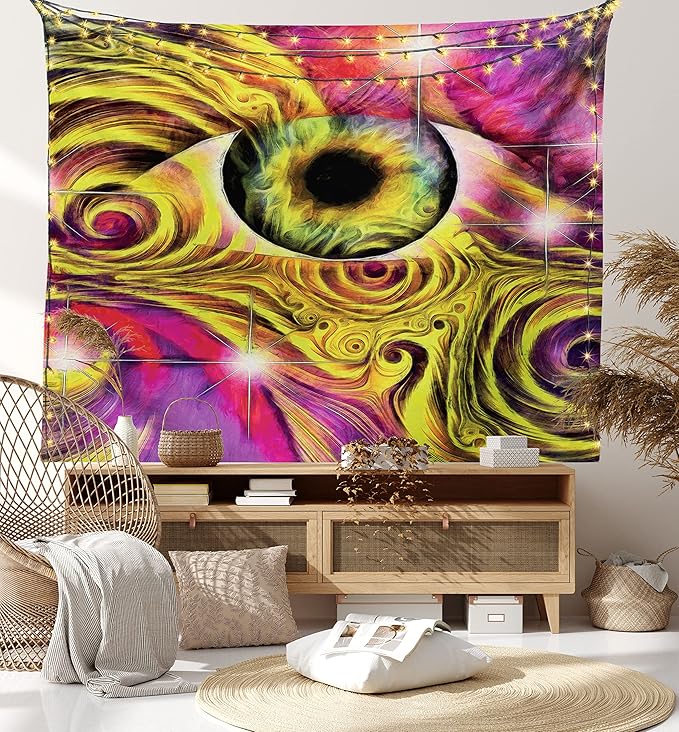 Ambesonne Psychedelic Tapestry, Hippie Hallucinatory Eye in Vivid Colors with Optical Swirl Lines Graphic, Fabric Wall Hanging Decor for Bedroom Living Room Dorm, 28" X 23", Fuchsia Yellow