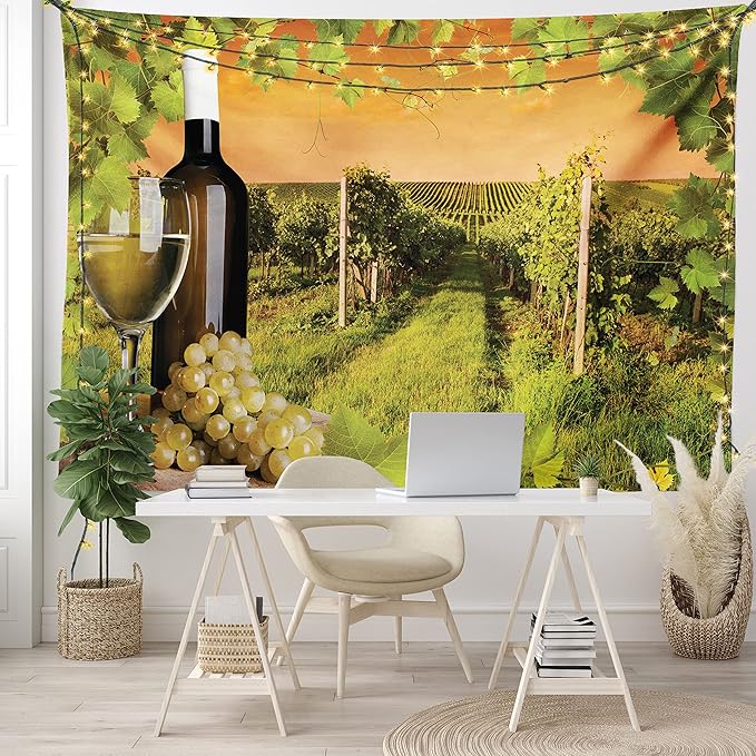 Ambesonne Winery Tapestry, Bottle and Glass of Wine and Vineyards of Sunset Countryside Romantic Evening View, Fabric Wall Hanging Decor for Bedroom Living Room Dorm, 30" X 45", Orange Green