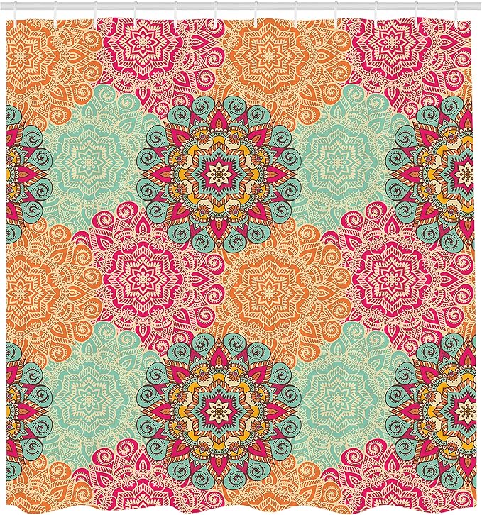 Ambesonne Mandala Shower Curtain, Antique Mandala Patterns Circles in Vintage Colors Native Tribal Ornamental, Cloth Fabric Bathroom Decor Set with Hooks, 70" Long, Fuchsia Orange