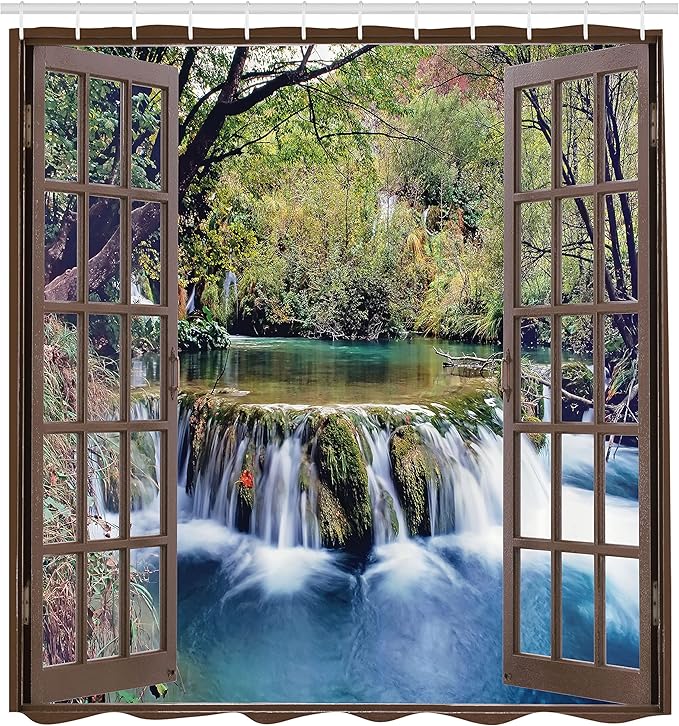 Ambesonne Waterfall Shower Curtain, Wide Waterfall Deep Down in The Forest Seen from a City Window Epic Surreal Print, Cloth Fabric Bathroom Decor Set with Hooks, 69" W x 70" L, Forest Green