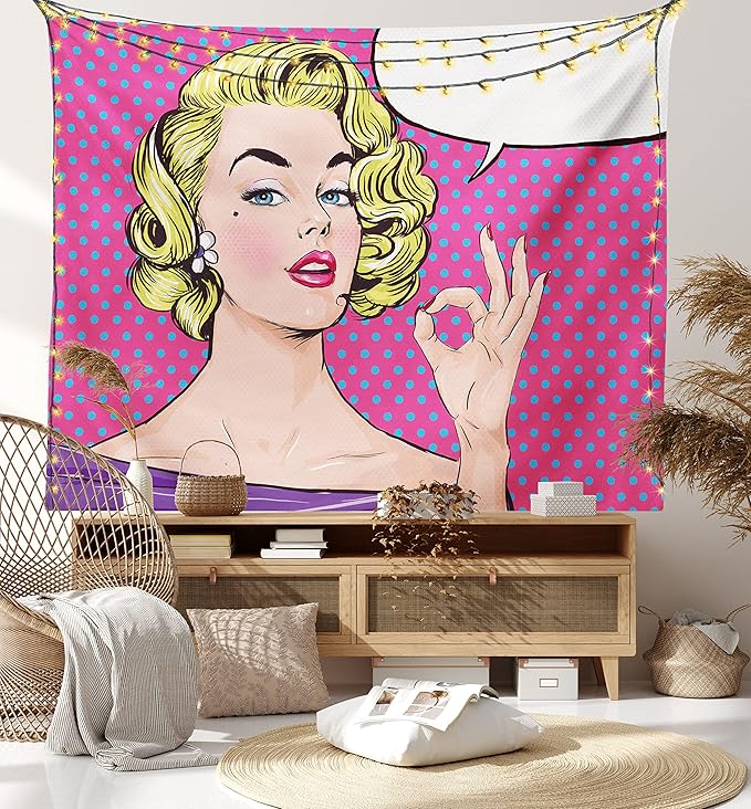 Ambesonne Vintage Tapestry, Pop Art Blonde Woman Making OK Sign on Dotted Background Retro Comic Book Design, Fabric Wall Hanging Decor for Bedroom Living Room Dorm, 23" X 28", Pink Blue