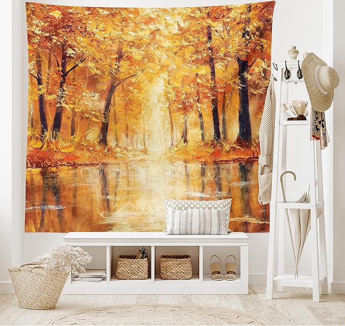Ambesonne Country Tapestry King Size, Painting of a Forest by the Small Lake in Autumn Pale Fall Trees and Leaves Art, Wall Hanging Bedspread Bed Cover Wall Decor, 104" X 88", Brown Orange