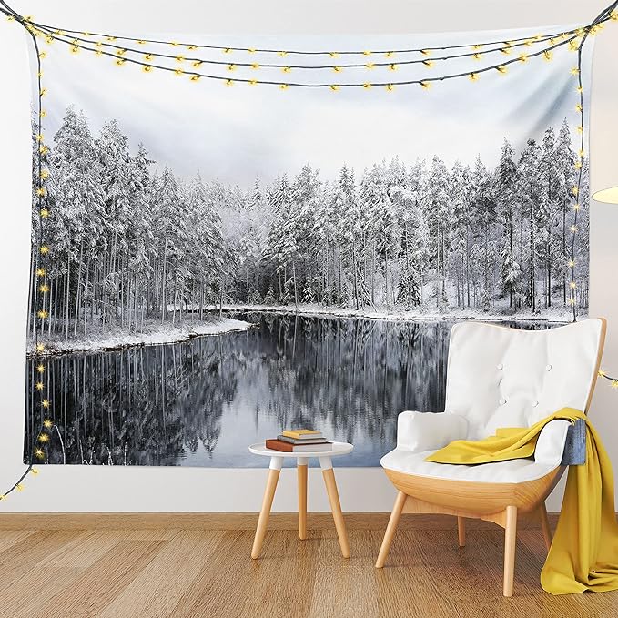 Ambesonne Woodland Tapestry Queen Size, Lake Surrounded by Snow Covered Trees on a Cold Winter Day in Finland Reflections, Wall Hanging Bedspread Bed Cover Wall Decor, 88" X 88", White Brown