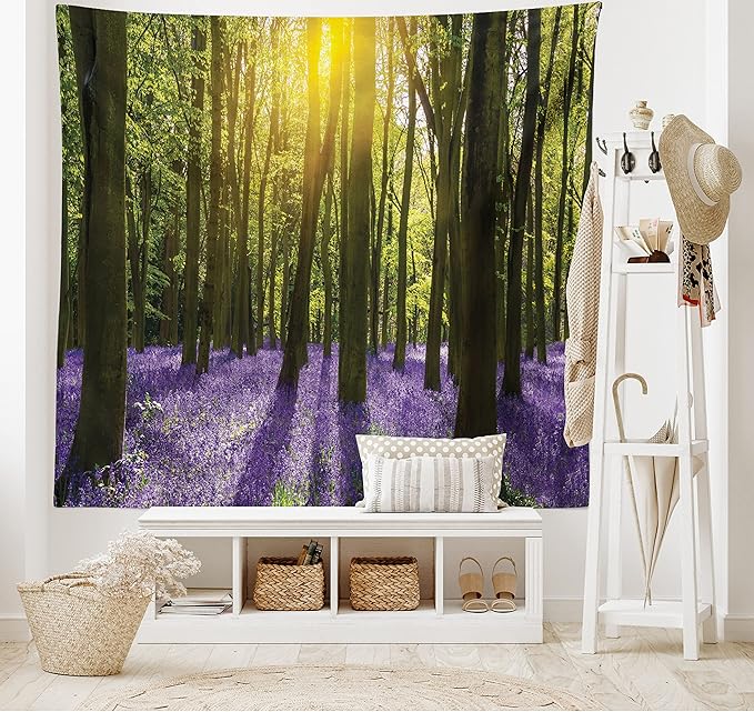 Ambesonne Woodland Tapestry, Sunbeams in the Forest of Bluebells Blooms Deep in Woodland Oxfordshire, Fabric Wall Hanging Decor for Bedroom Living Room Dorm, 28" X 23", Violet Green Yellow