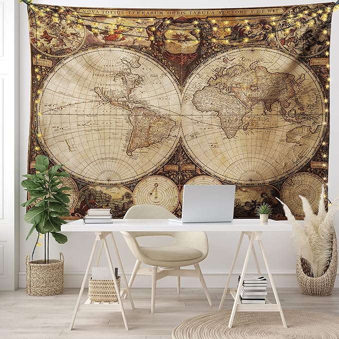 Ambesonne World Map Tapestry, Old World Map Drawn in 1720s Nostalgic Style Art Historical Atlas Vintage Design, Fabric Wall Hanging Decor for Bedroom Living Room Dorm, 45" X 30", Multicolor