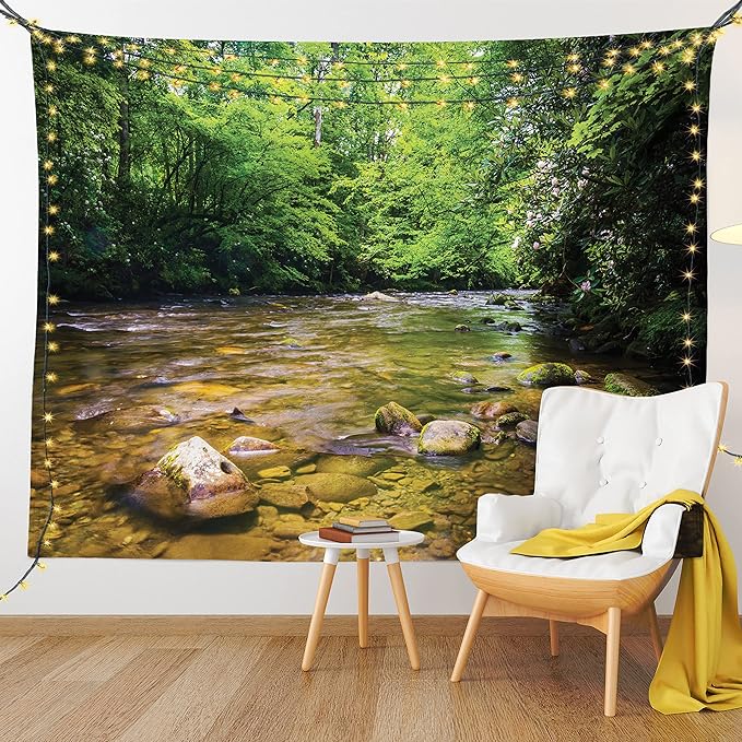 Ambesonne Appalachian Tapestry, Oconaluftee River at Smoky Mountains National Park, Fabric Wall Hanging Decor for Bedroom Living Room Dorm, 45" X 30", Lime Green Charcoal Grey