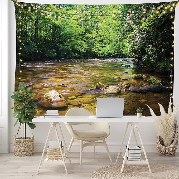 Ambesonne Appalachian Tapestry King Size, Oconaluftee River at Smoky Mountains National Park, Wall Hanging Bedspread Bed Cover Wall Decor, King Size, Lime Green Charcoal Grey