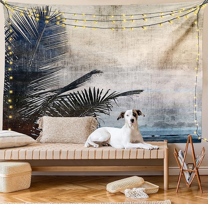 Ambesonne Hawaiian Tapestry, Palm Tree Leaves on Grunge Background with Sea Vintage Waterscape Illustration, Fabric Wall Hanging Decor for Bedroom Living Room Dorm, 30" X 45", Beige Indigo