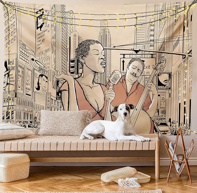 Ambesonne Jazz Music Tapestry King Size, Singer Double-Bass Player in a Street of New York Urban Lifestyle Image, Wall Hanging Bedspread Bed Cover Wall Decor, 104" X 88", Brown Beige