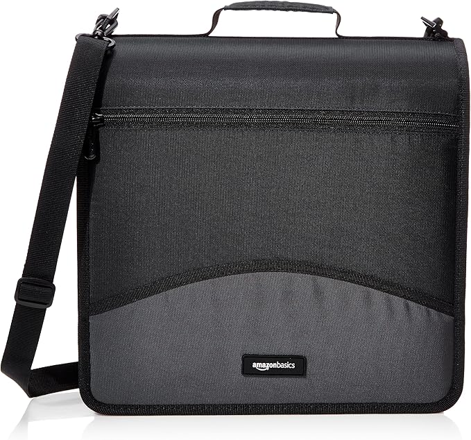 Amazon Basics Durable 3 Ring Binder with Zipper and Strap, Multiple Pockets, Sturdy Storage for School and Office, 3 inch, Black