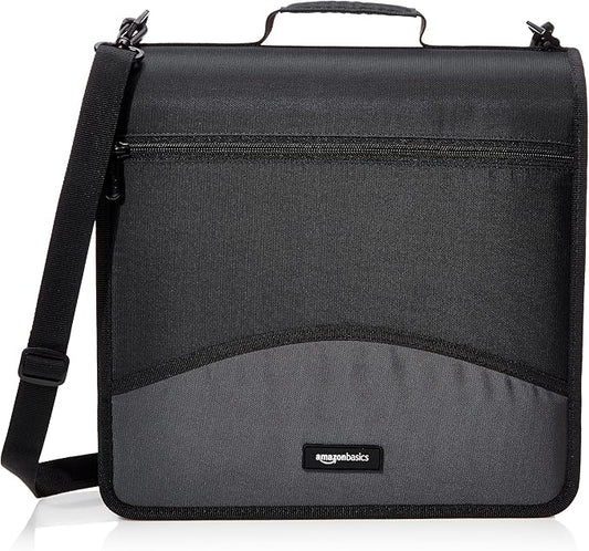 Amazon Basics Durable 3 Ring Binder with Zipper and Strap, Multiple Pockets, Sturdy Storage for School and Office, 3 inch, Black