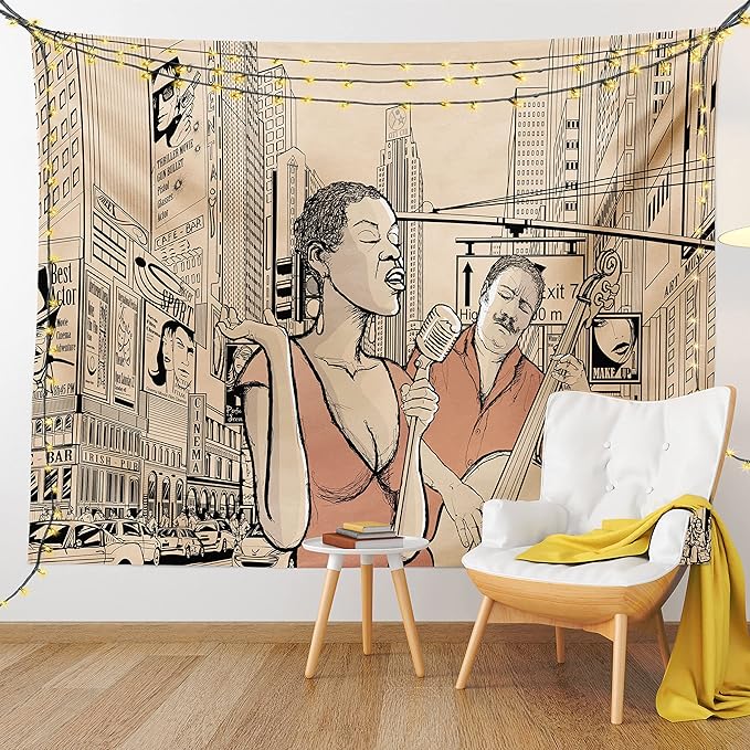 Ambesonne Jazz Music Tapestry King Size, Singer Double-Bass Player in a Street of New York Urban Lifestyle Image, Wall Hanging Bedspread Bed Cover Wall Decor, 104" X 88", Brown Beige