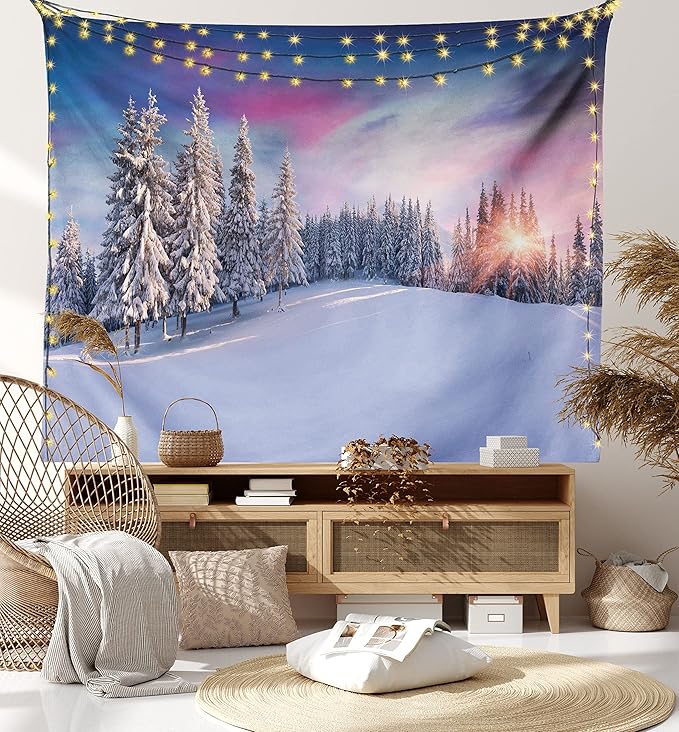 Ambesonne Winter Tapestry Queen Size, Idyllic Panorama of Winter Sunrise in Snow Covered Mountains Serenity Freshness, Wall Hanging Bedspread Bed Cover Wall Decor, 88" X 88", Pastel Lavender