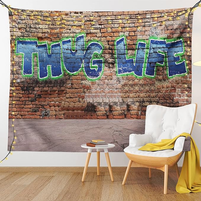 Ambesonne Thug Life Tapestry, Graffiti Style Words on a Brick Wall Street Urban Art Hip Hop Rap Culture Theme, Fabric Wall Hanging Decor for Bedroom Living Room Dorm, 45" X 30", Brown Blue