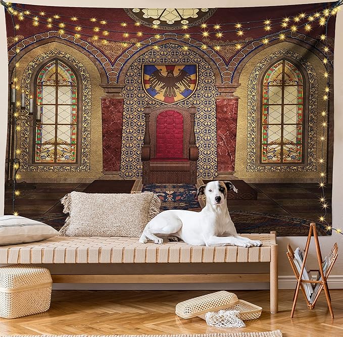 Ambesonne Gothic Tapestry, Red Medieval in Chapel Eagle Portrait on Wall Fantasy Building Print, Fabric Wall Hanging Decor for Bedroom Living Room Dorm, 28" X 23", Brown Ruby