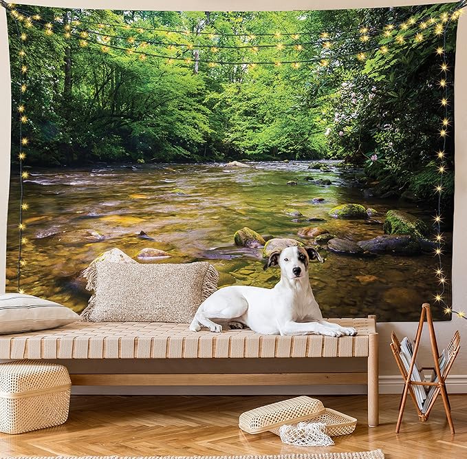 Ambesonne Appalachian Tapestry Queen Size, Oconaluftee River at Smoky Mountains National Park, Wall Hanging Bedspread Bed Cover Wall Decor, Queen Size, Lime Green Charcoal Grey