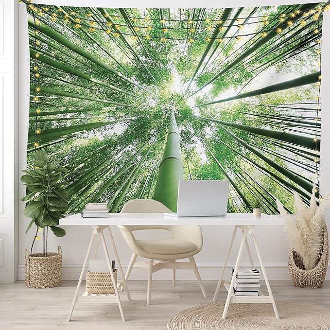 Ambesonne Forest Tapestry King Size, Tropical Rain Forest Tall Trees in Exotic Style Nature Theme Image Sky from Woodland, Wall Hanging Bedspread Bed Cover Wall Decor, 23" X 28", Green