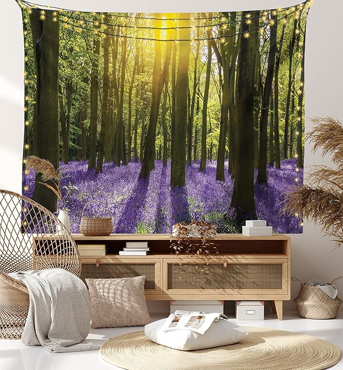 Ambesonne Woodland Tapestry King Size, Sunbeams in the Forest of Bluebells Blooms Deep in Woodland Oxfordshire, Wall Hanging Bedspread Bed Cover Wall Decor, 104" X 88", Violet Green Yellow