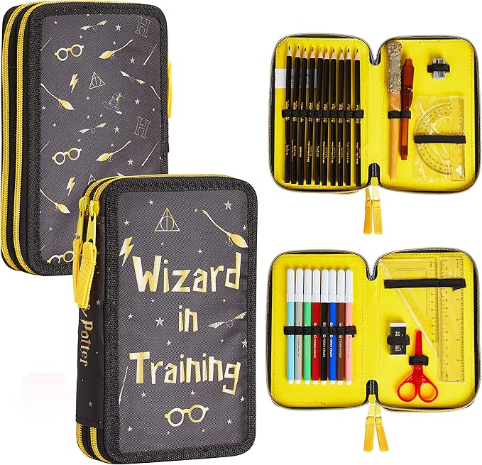 Harry Potter Gifts Pencil Case with Secret Light Wand Pen, Large Double Zip Organizer Filled with School Art Supplies for Kids, Boys and Girls (Black/Yellow)