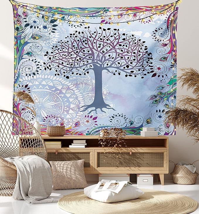 Ambesonne Nature Tapestry, Tree of Life Motif Peacock Feathers Tribal Vintage Prehistoric Flora Illustration, Fabric Wall Hanging Decor for Bedroom Living Room Dorm, 28" X 23", Blue