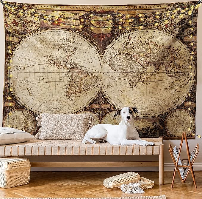 Ambesonne World Map Tapestry King Size, Old World Map Drawn in 1720s Nostalgic Style Art Historical Atlas Vintage Design, Wall Hanging Bedspread Bed Cover Wall Decor, 88" X 88", Multicolor