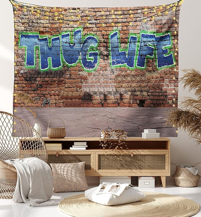 Ambesonne Thug Life Tapestry Queen Size, Graffiti Style Words on a Brick Wall Street Urban Art Hip Hop Rap Culture Theme, Wall Hanging Bedspread Bed Cover Wall Decor, 88" X 88", Brown Blue