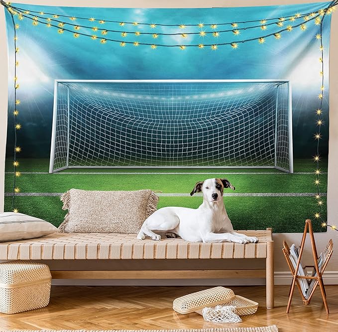 Ambesonne Soccer Tapestry Twin Size, Soccer Goal Post Sports Area Winner Loser Line Floodlit Best Team Finals Game Theme, Wall Hanging Bedspread Bed Cover Wall Decor, Twin Size, Green and Blue