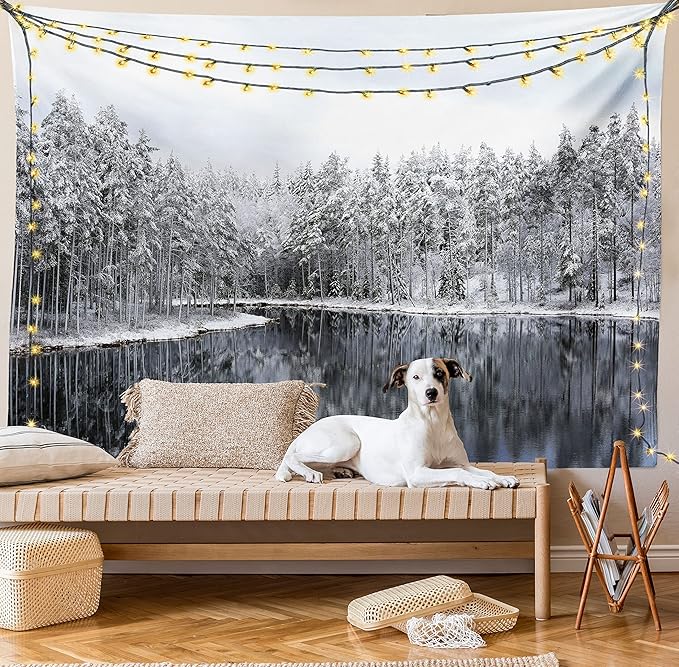 Ambesonne Woodland Tapestry Queen Size, Lake Surrounded by Snow Covered Trees on a Cold Winter Day in Finland Reflections, Wall Hanging Bedspread Bed Cover Wall Decor, 88" X 88", White Brown