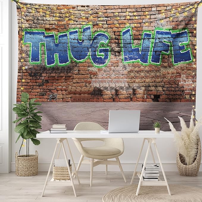 Ambesonne Thug Life Tapestry, Graffiti Style Words on a Brick Wall Street Urban Art Hip Hop Rap Culture Theme, Fabric Wall Hanging Decor for Bedroom Living Room Dorm, 28" X 23", Brown Blue