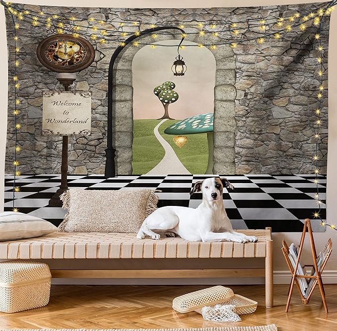 Ambesonne Alice in Wonderland Tapestry, Welcome Wonderland Black and White Floor Landscape Mushroom Print, Wall Hanging for Bedroom Living Room Dorm Decor, 40" X 60", Stone Black