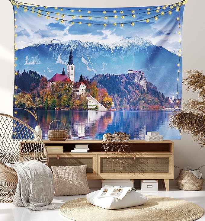 Ambesonne Landscape Tapestry King Size, Photo of Bled in Slovenia with Lake Snowy Mountains and a Castle Pastoral Scenery, Wall Hanging Bedspread Bed Cover Wall Decor, 104" X 88", Blue Lavender