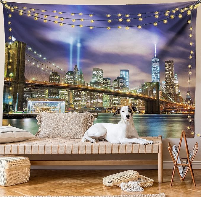 Ambesonne Landscape Tapestry, Manhattan Skyline with Brooklyn Bridge and Towers in NYC United States America, Fabric Wall Hanging Decor for Bedroom Living Room Dorm, 28" X 23", Purple Green