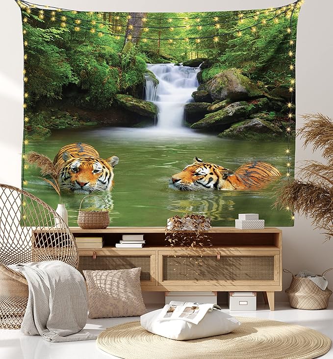 Ambesonne Savannah Tapestry King Size, Siberian Tigers in Water Waterfall Pool Woodland Swimming Natural, Wall Hanging Bedspread Bed Cover Wall Decor, 104" X 88", Reseda Green Orange