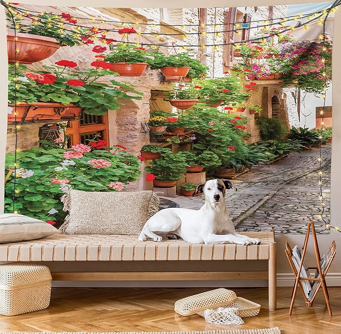 Ambesonne Italian Tapestry, Street View of a Small Renaissance Town with Floral Porches and Rock Mediterranean, Fabric Wall Hanging Decor for Bedroom Living Room Dorm, 30" X 45", Pale Brown