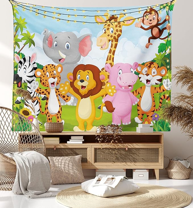 Ambesonne Cartoon Tapestry, Comic Savannah Animals Playful Friendly Savannah Jungle Happy Wildlife Nature, Fabric Wall Hanging Decor for Bedroom Living Room Dorm, 28" X 23", Green Brown