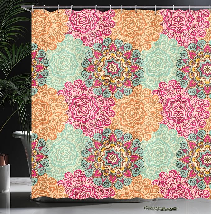 Ambesonne Mandala Shower Curtain, Antique Mandala Patterns Circles in Vintage Colors Native Tribal Ornamental, Cloth Fabric Bathroom Decor Set with Hooks, 70" Long, Fuchsia Orange