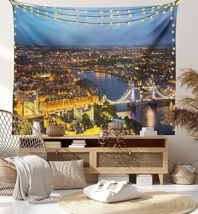 Ambesonne Modern Tapestry, Sunset at London England Cityscape Night Time and Tower Bridge Landmark Urban, Fabric Wall Hanging Decor for Bedroom Living Room Dorm, 23" X 28", Yellow Bluegrey