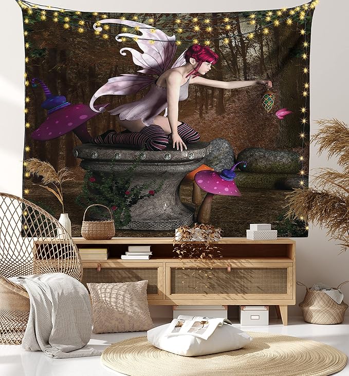 Ambesonne Tale Tapestry Queen Size, Dimensional Mythical Creature Design Artifact on Pedestal Forest Print, Wall Hanging Bedspread Bed Cover Wall Decor, 88" X 88", Red Purple Grey