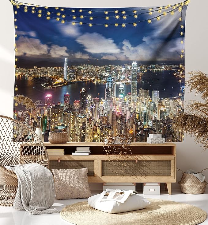 Ambesonne Cityscape Tapestry, Night View Hong Kong Victoria Harbor Business Financial District Cityscape Print, Fabric Wall Hanging Decor for Bedroom Living Room Dorm, 45" X 30", White Indigo