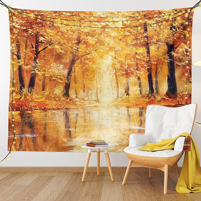 Ambesonne Country Tapestry Queen Size, Painting of a Forest by the Small Lake in Autumn Pale Fall Trees and Leaves Art, Wall Hanging Bedspread Bed Cover Wall Decor, 88" X 88", Orange Brown