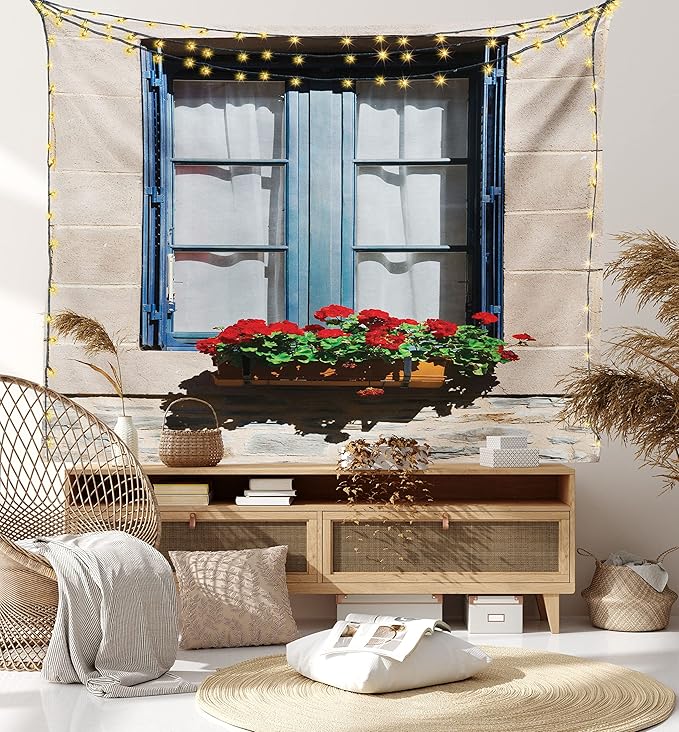 Ambesonne Country Tapestry King Size, Mediterranean Style Window Open Shutters Image French Urban Life Theme Print, Wall Hanging Bedspread Bed Cover Wall Decor, King Size, Blue Grey