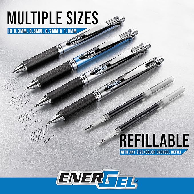 Pentel EnerGel RTX Retractable Liquid Gel Pen, (0.7mm), Medium Line, Metal Tip, Assorted Ink Colors, 20 Pack (BL77BP20M)