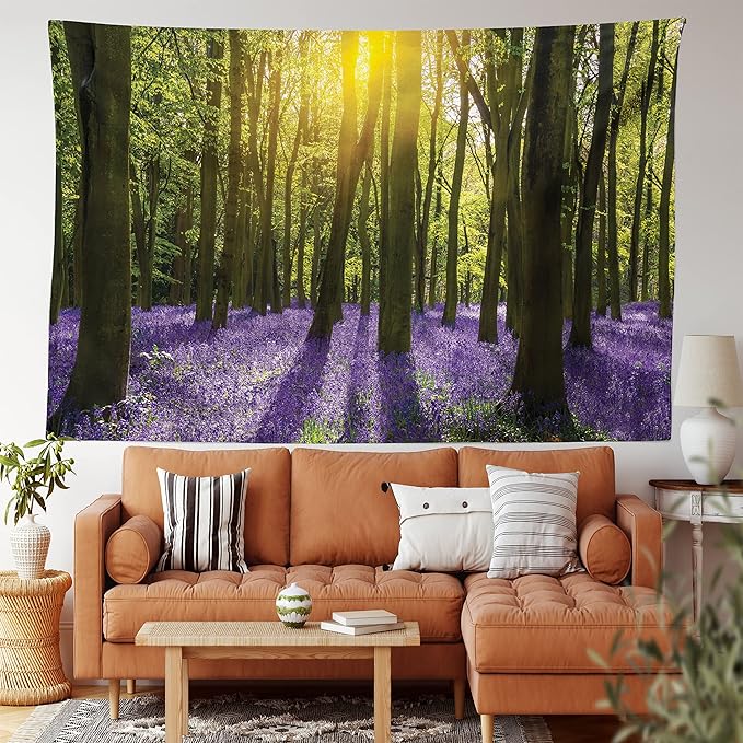 Ambesonne Woodland Tapestry, Sunbeams in the Forest of Bluebells Blooms Deep in Woodland Oxfordshire, Fabric Wall Hanging Decor for Bedroom Living Room Dorm, 28" X 23", Violet Green Yellow