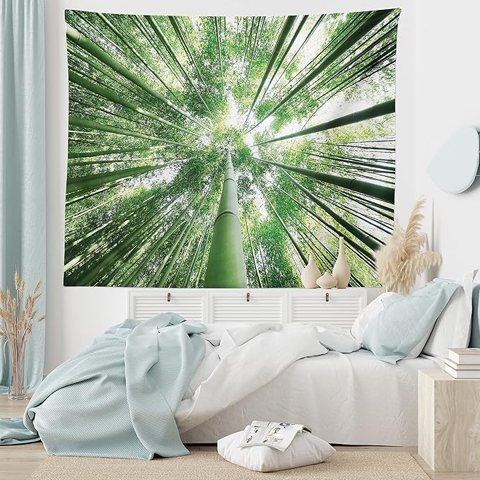 Ambesonne Forest Tapestry King Size, Tropical Rain Forest Tall Trees in Exotic Style Nature Theme Image Sky from Woodland, Wall Hanging Bedspread Bed Cover Wall Decor, 68" X 88", Green