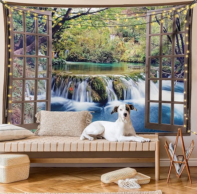 Ambesonne Waterfall Tapestry Queen Size, Wide Waterfall Deep down in the Forest Seen from a City Window Epic Surreal Print, Wall Hanging Bedspread Bed Cover Wall Decor, 88" X 88", Brown Black