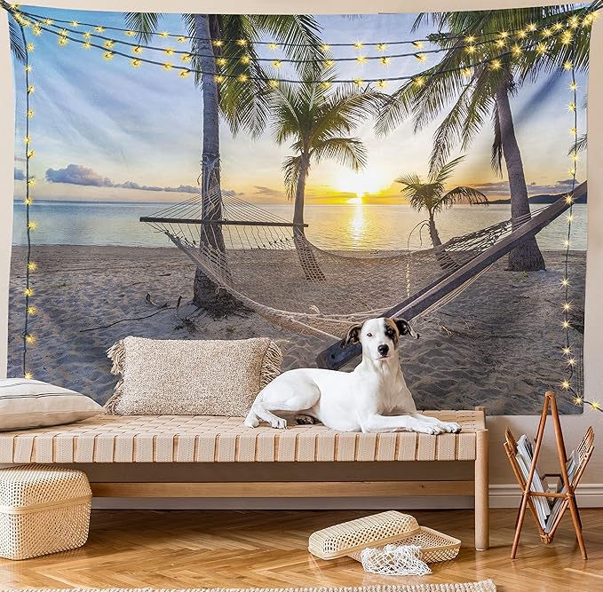 Ambesonne Tropical Tapestry, Paradise Beach Hammock and Coconut Palm Trees Horizon Coast Vacation Scenery, Fabric Wall Hanging Decor for Bedroom Living Room Dorm, 45" X 30", Sand Brown