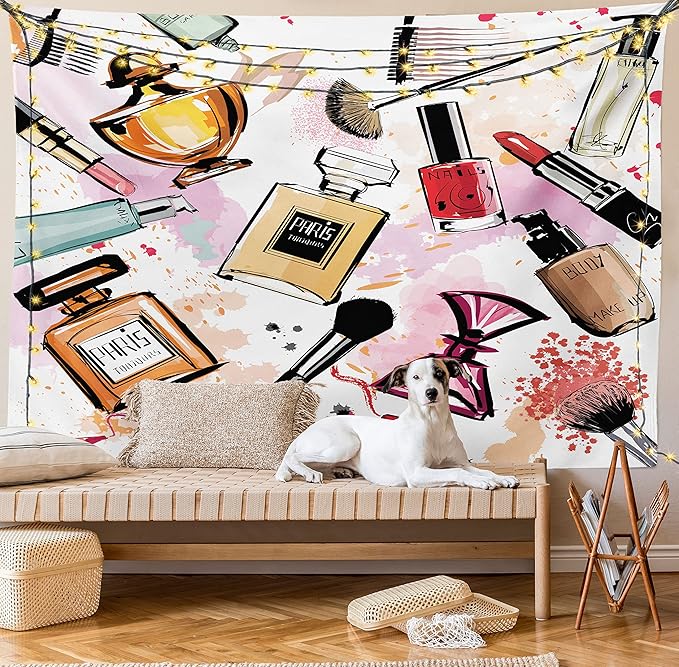 Ambesonne Fashion Tapestry, Cosmetic and Makeup Theme Pattern Perfume Lipstick Nail Polish Brush Modern, Wall Hanging for Bedroom Living Room Dorm Decor, 60" X 80", Coral White