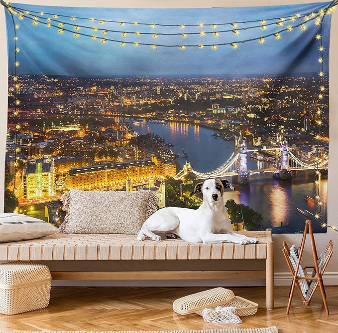 Ambesonne Modern Tapestry King Size, Sunset at London England Cityscape Night Time and Tower Bridge Landmark Urban, Wall Hanging Bedspread Bed Cover Wall Decor, King Size, Yellow Bluegrey
